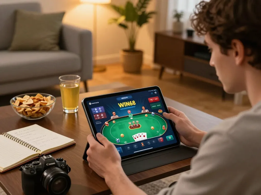 IWIN68 player strategizing poker moves on a tablet in a cozy home environment