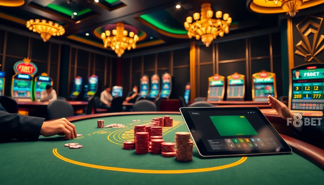 F8BET casino scene with poker, roulette, and vibrant gambling atmosphere.