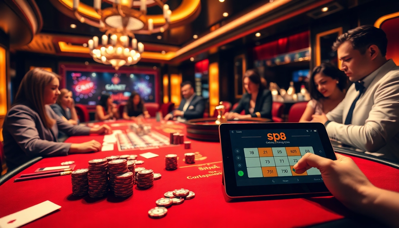 SP8 gaming table with players engaged in high-stakes action, showcasing vibrant casino elements.