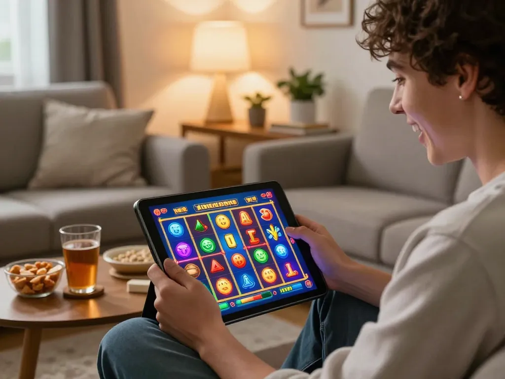 Engaging in exciting slot online gameplay on a tablet while enjoying a cozy home atmosphere