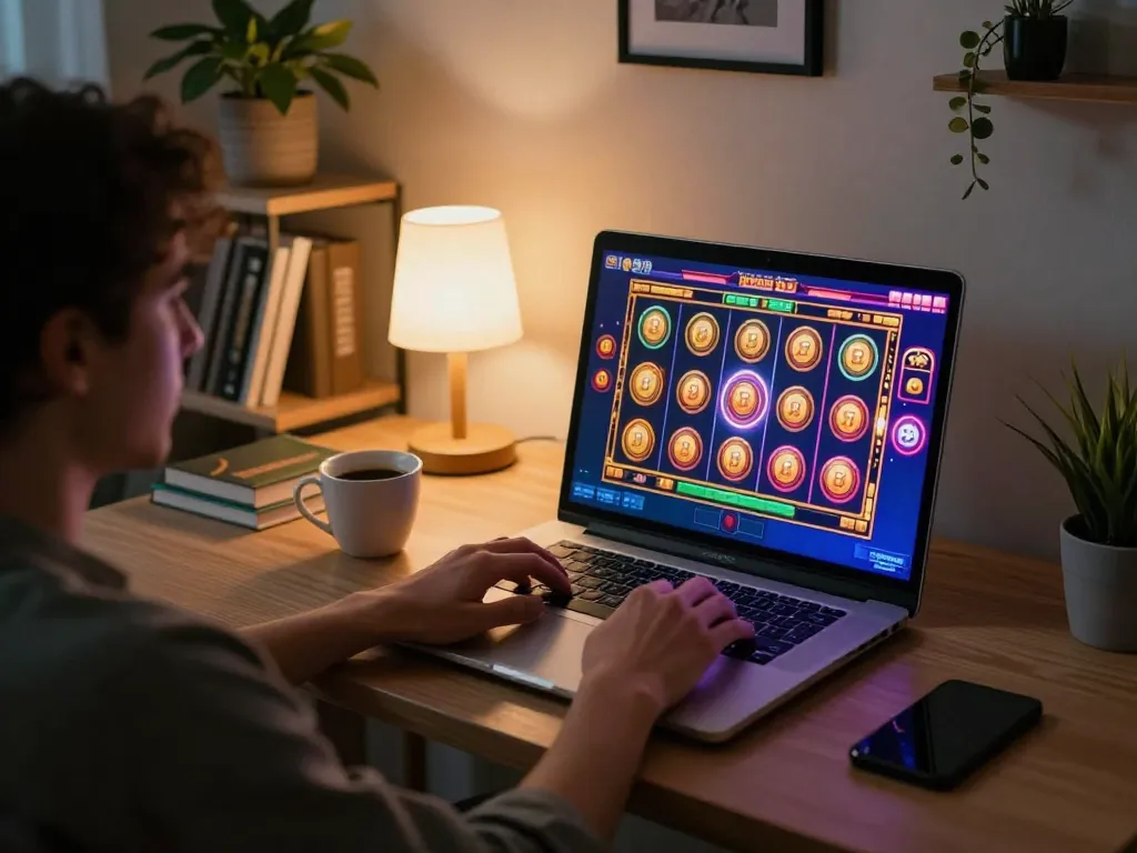 Player enjoying aman788 online slot games on laptop in cozy home office setting