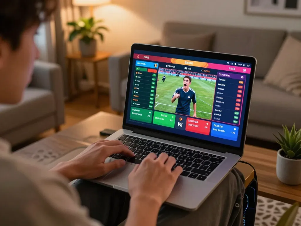 Player engaging in ALO8 Live betting with laptop showing lively sports odds and excitement.