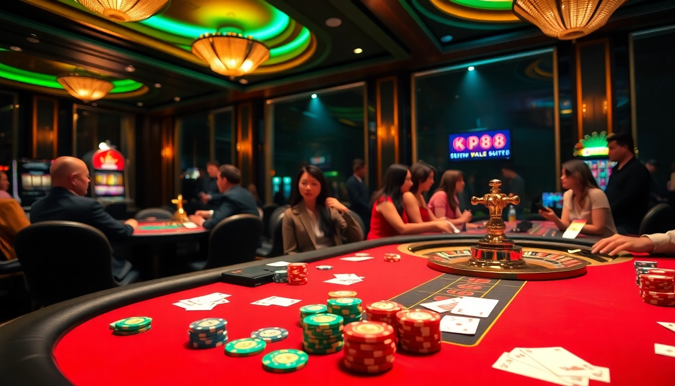 High-stakes poker game at KP88 casino, showcasing vibrant chips and cards with an elegant ambiance.