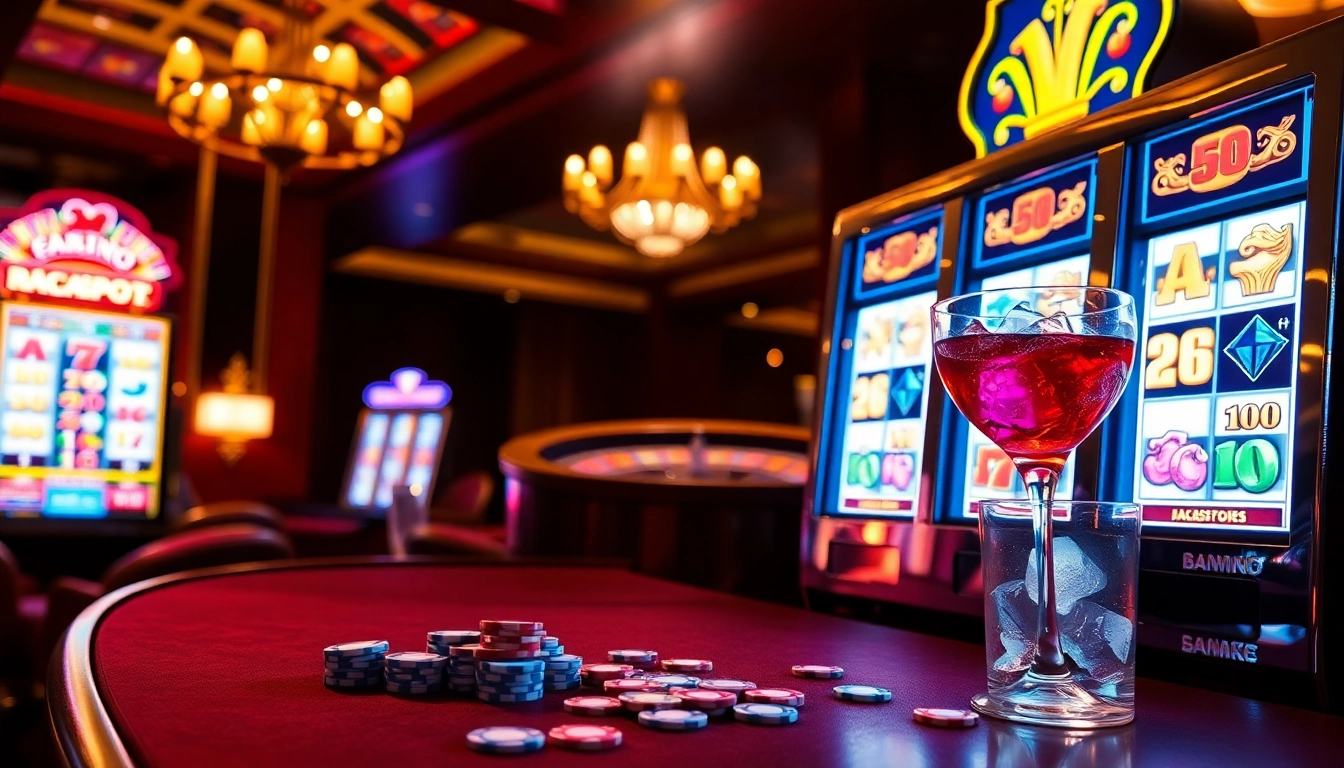 Engaging scene of a luxurious slot gacor machine surrounded by casino elements, enhancing player excitement.