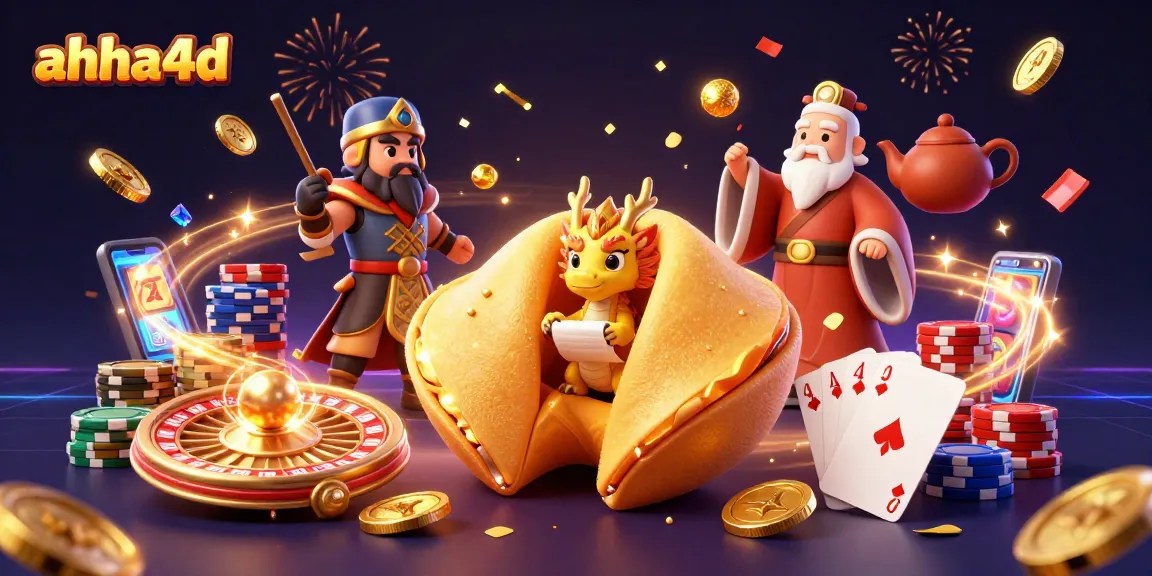 Menampilkan pengalaman bermain di ahha4d dengan ikon keberuntungan dan kesenangan kasino.