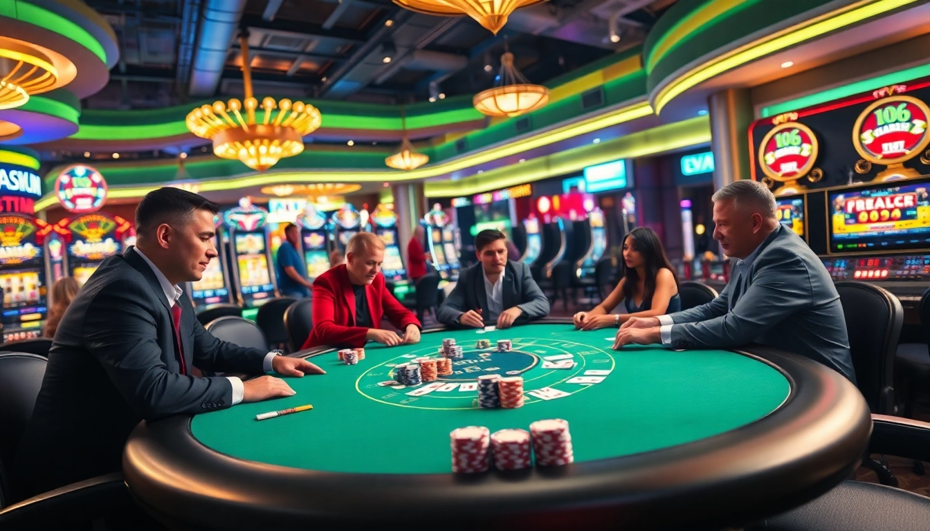 Permainan idnpoker yang seru di meja kasino dengan pemain bersemangat dan tumpukan chip berwarna.