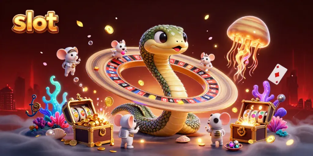 Experience thrilling gameplay with slot machines as the animated Saturn ring snake spins its roulette, surrounded by enchanted cosmic elements.