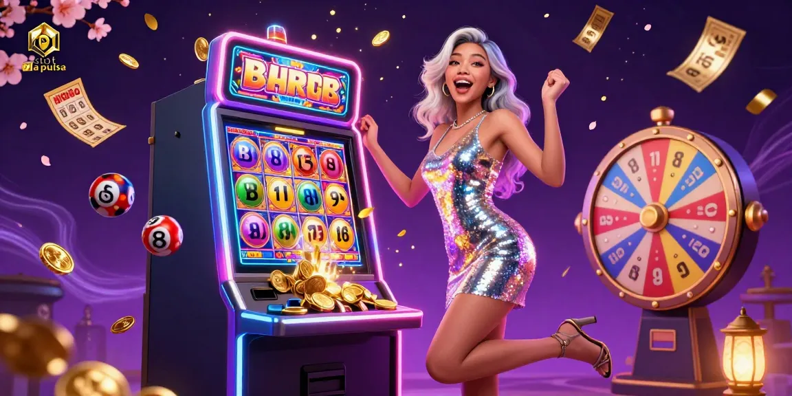 Play exciting games with slot via pulsa at a dynamic casino scene showcasing vibrant action and golden rewards.
