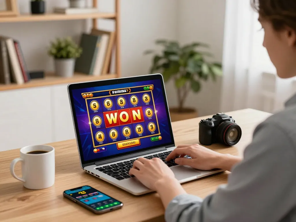 Permainan kasino dalam talian yang menarik dengan kredit percuma RM50 tanpa deposit di laptop sambil menikmati suasana rumah yang selesa.