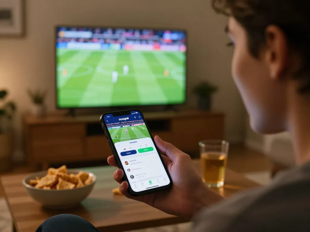 Person using Nowgoal for sports betting while watching a live game on TV