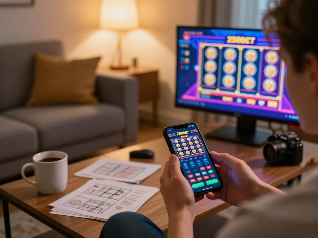 Engaging with the 258bet casino app during an exciting home gaming session.