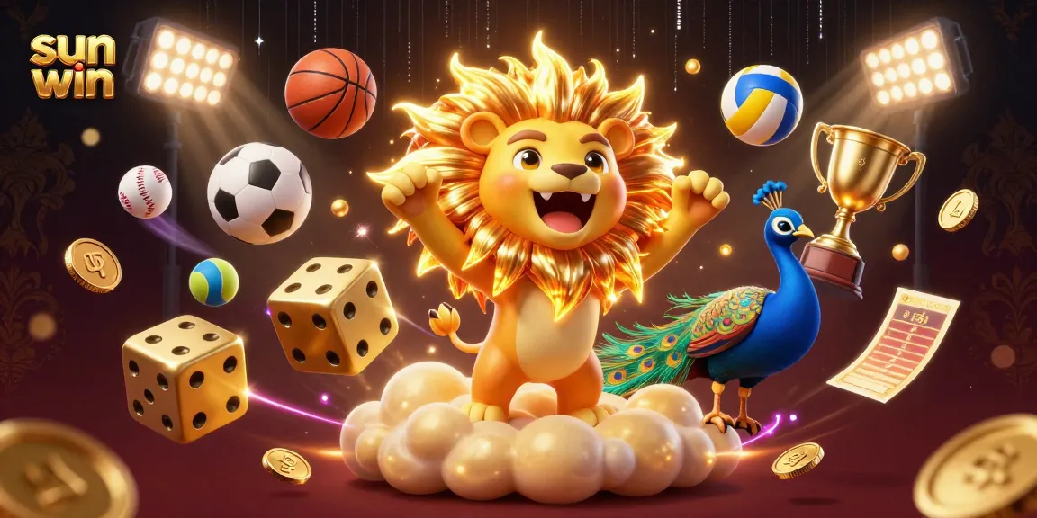 Experience thrilling wins at sun win, a vibrant 3D digital casino scene showcasing golden dice and sports action.