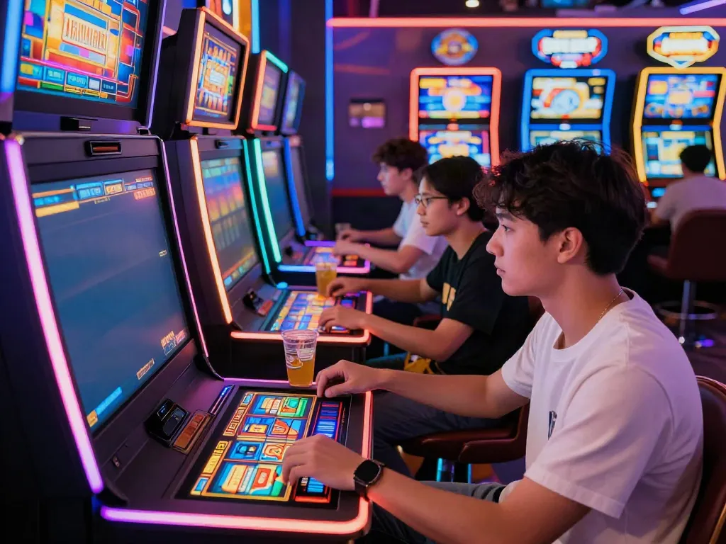 A vibrant gaming scene with players enjoying akunjp slot games in a lively casino atmosphere.