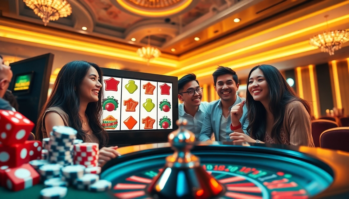 Excited players at NEKATWIN winning big with colorful scatter symbols on a modern slot machine.