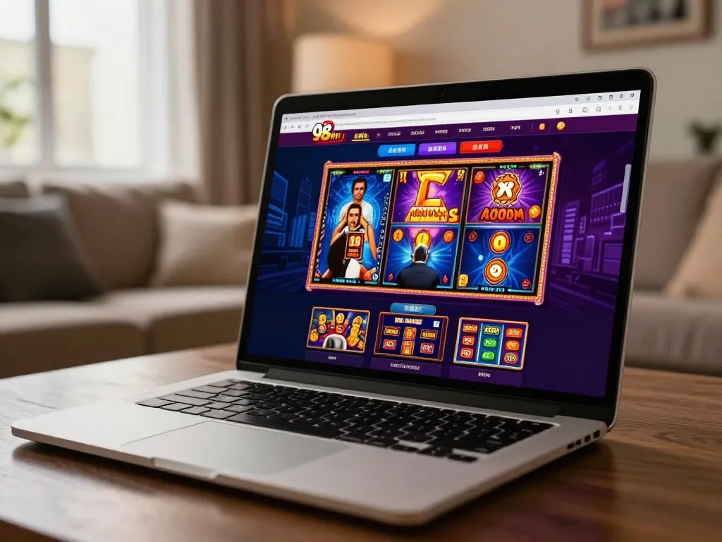 Engaging online gaming session at 98win casino on a laptop, showcasing vibrant slot machines.