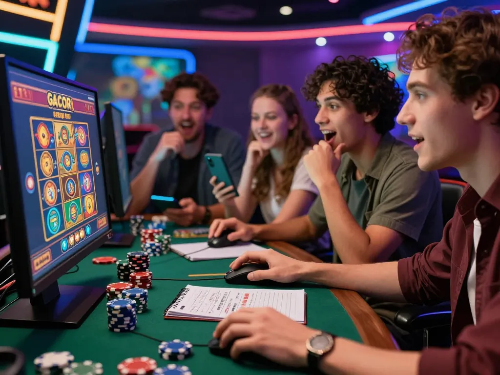 Engaging friends celebrating while playing link gacor online slot games, vibrant gaming atmosphere with poker chips.