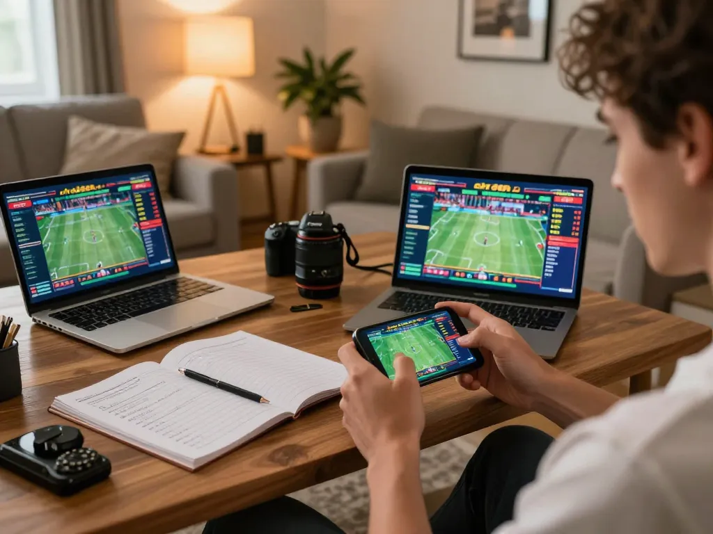 Engaged player using smartphone for sports betting at ok365.br.com in a cozy home setting