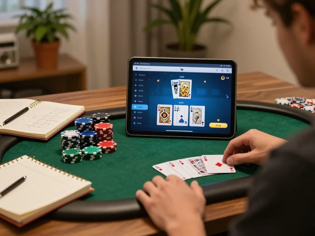 Engaging online gaming with 789f in a cozy home setting using tablet for poker strategies.