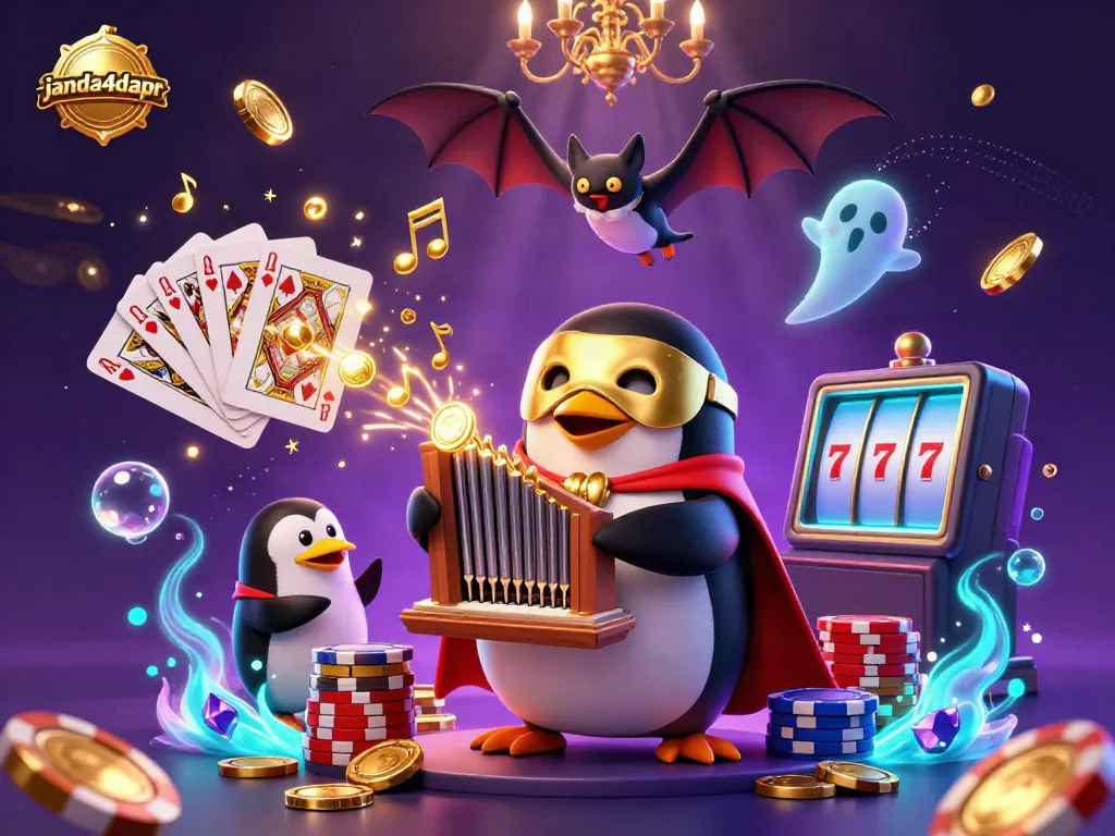 Janda4dapr menampilkan penguin opera 3D yang memainkan organ, dikelilingi koin emas dalam suasana permainan kasino.