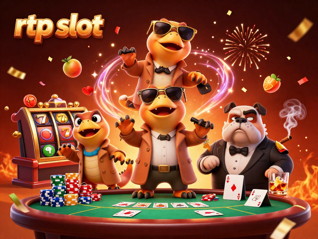 Menyaksikan rtp slot dengan tiga raptor dalam jas trench memasuki lounge kasino VIP sambil dikelilingi elemen permainan.