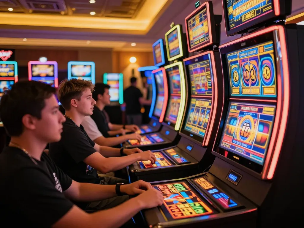 Players are excitedly spinning reels at slot machines while enjoying the thrilling atmosphere of SHBET gaming