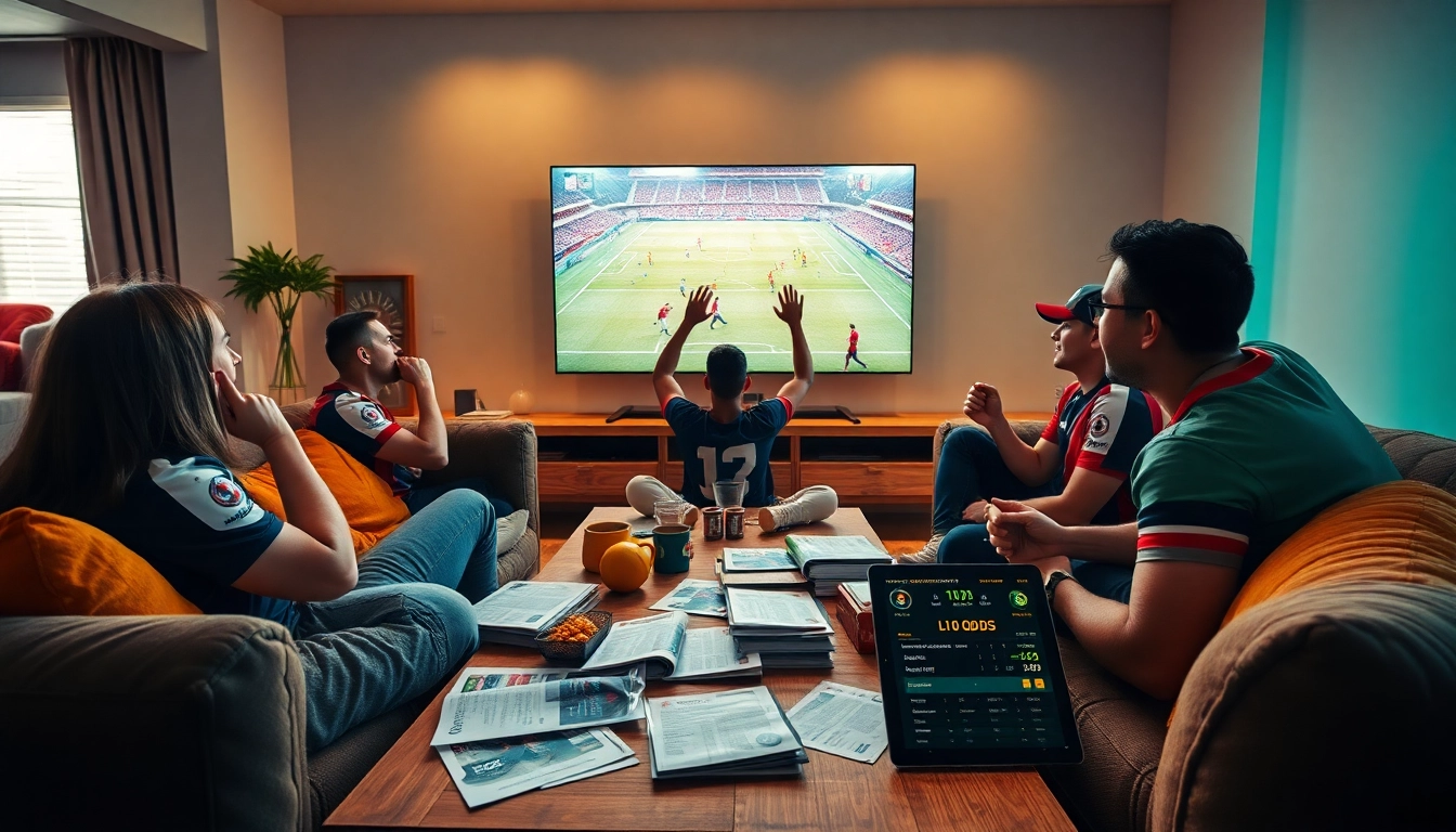 Exciting sports betting scene featuring keonhacai.gold, football fans in a modern living room cheering on a live match.