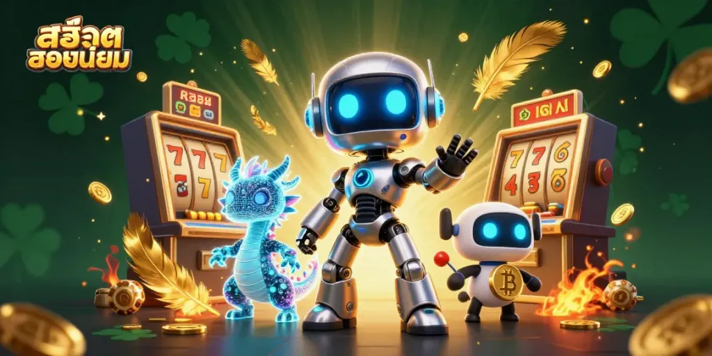 Engage with สล็อตยอดนิยม at a thrilling virtual casino featuring a cyberpunk robot and vibrant slot machines.