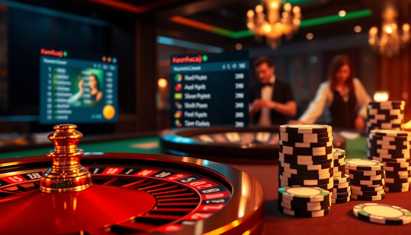 Betting chips and poker cards in an elegant casino scene showcasing keonhacai5's online betting interface.