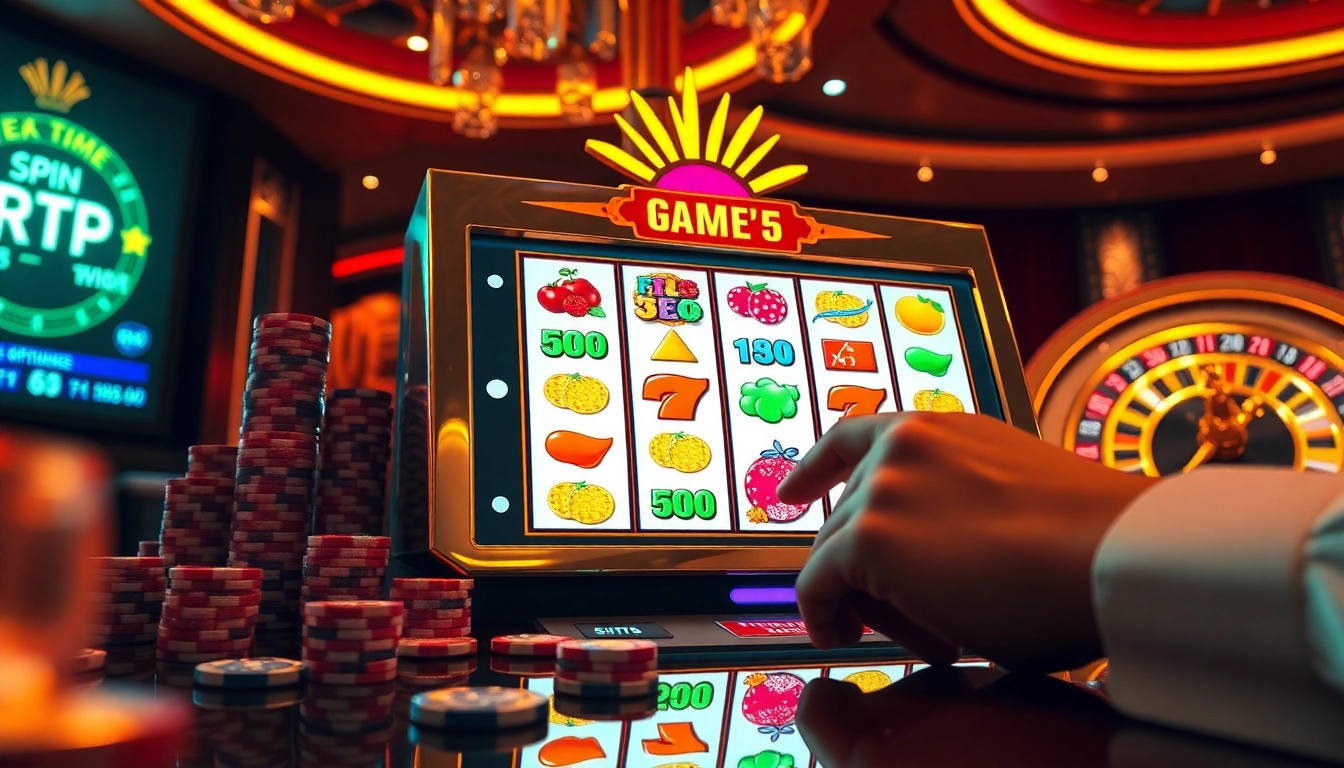 Spinning game nổ hũ slot machine with vibrant jackpot symbols and glowing poker chips