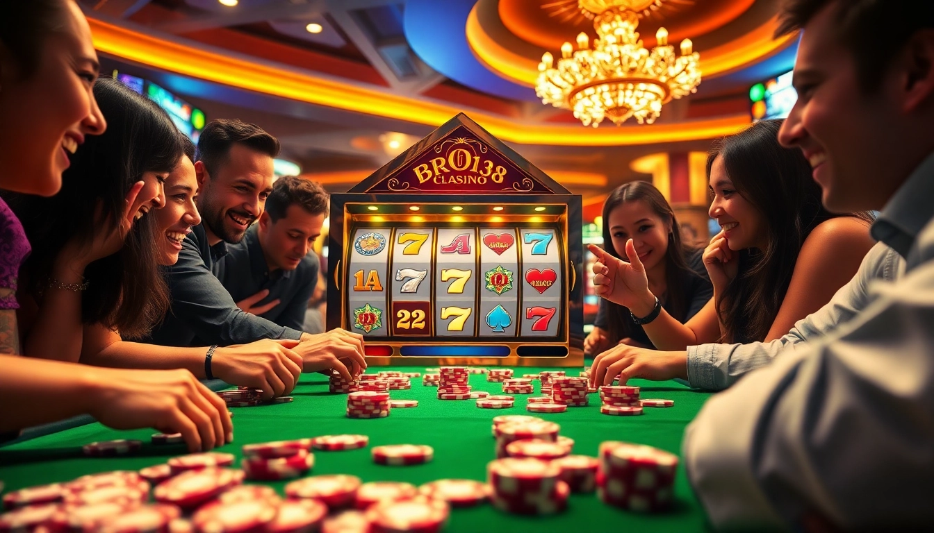 Players enjoying the bro138 slot experience at an upscale casino, surrounded by vibrant lights and thrilling action.