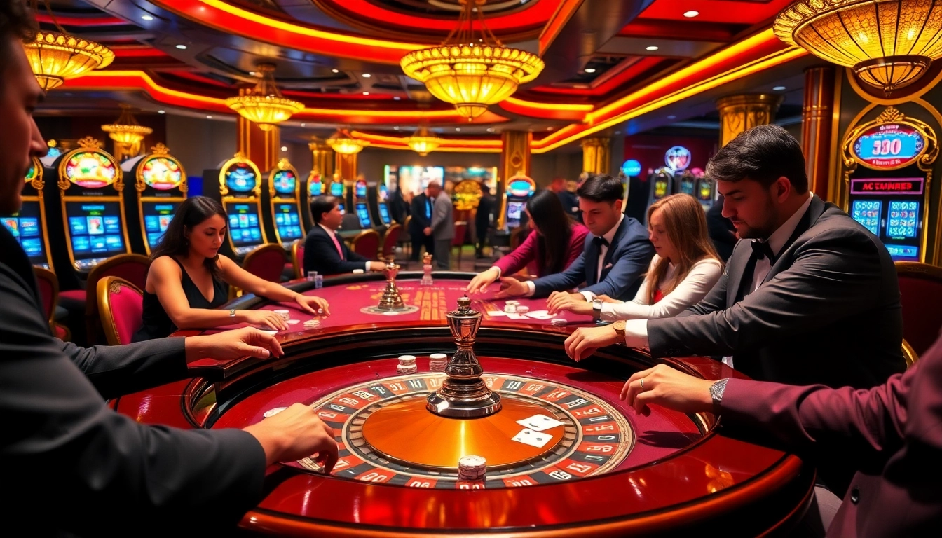 Engaged players enjoying raja luck at a luxurious roulette table in a vibrant casino setting.