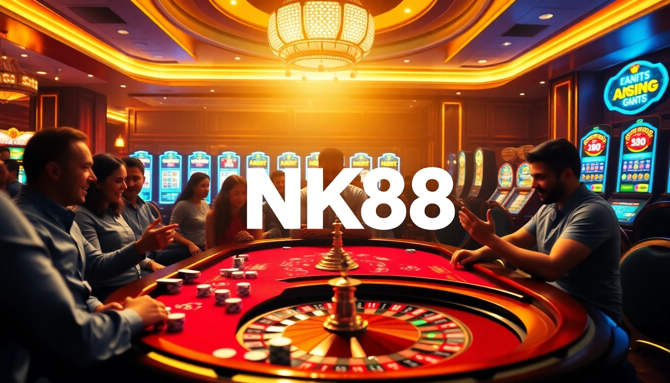 Players enjoying a poker game at NK88's vibrant casino, surrounded by luxury and excitement.