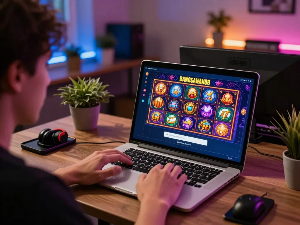 Engaging with the bangsawan88 login at a home setup showing exciting online slot gameplay.