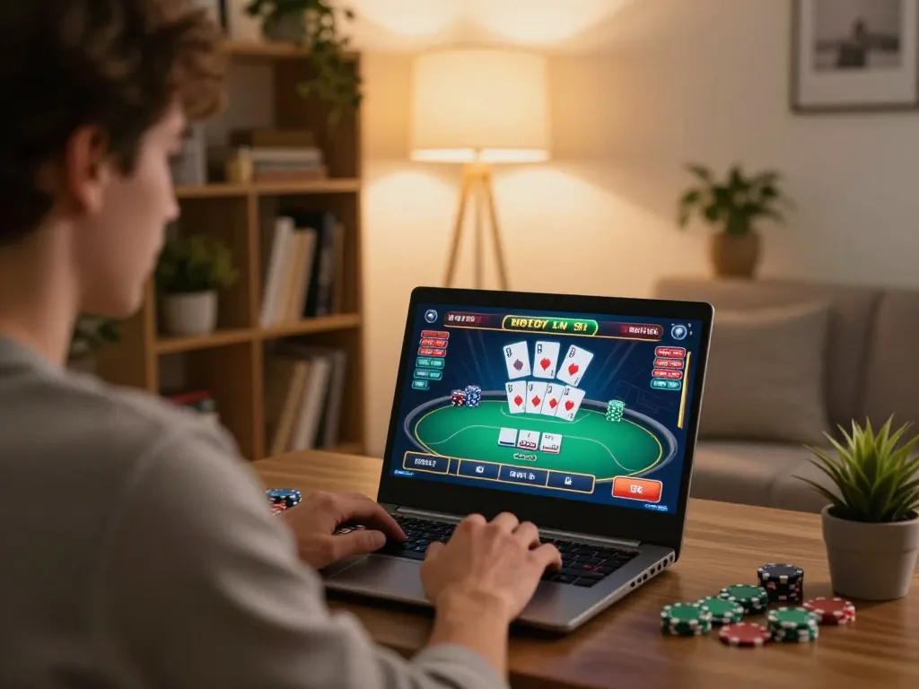 Engaging in poker at home via 888newcasino com platform with cozy decor.