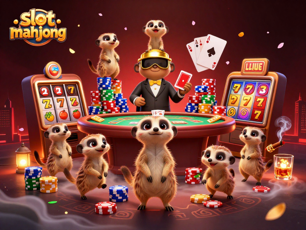 Engage with slot mahjong as meerkats energize the casino environment amidst vibrant gaming elements.