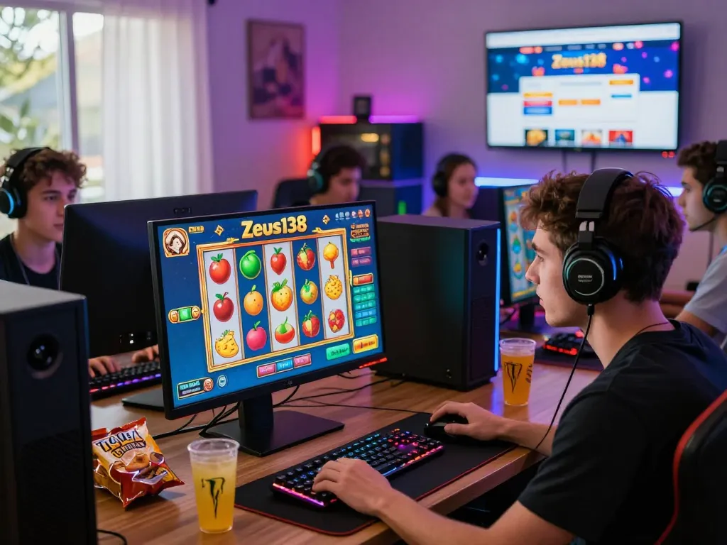 Excited players engaged with Zeus138 online slots in a cozy gaming setup with vibrant lighting and snacks.