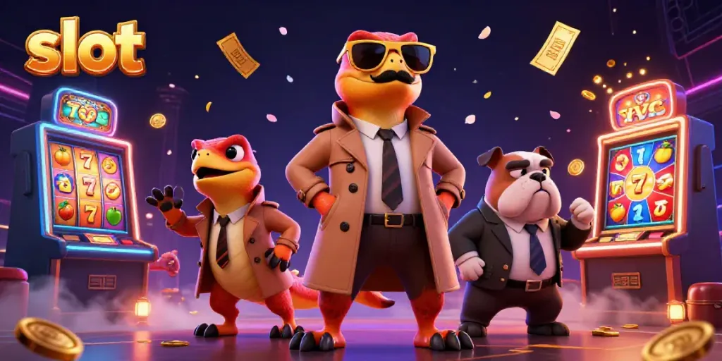 Engage with exciting slot machines featuring colorful reels and raptors in a trench coat at a casino lounge.