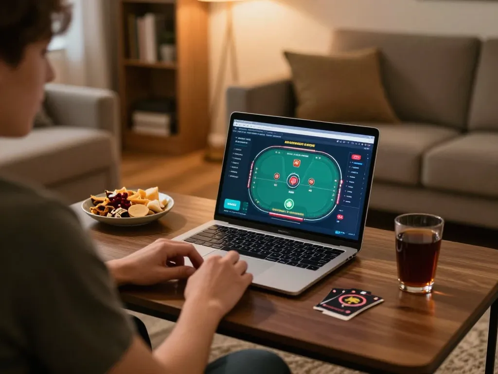 Player enjoying SC88 online poker with cozy home setup, laptop displaying game interface and snacks