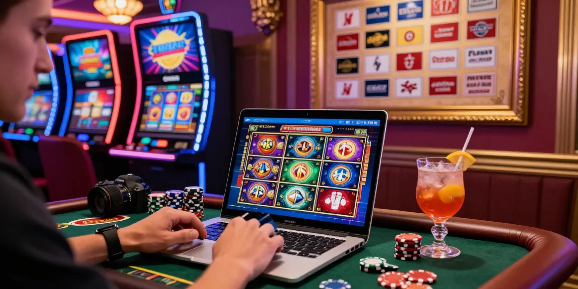 Player at credit card casinos excitedly preparing for a game with vibrant casino atmosphere.