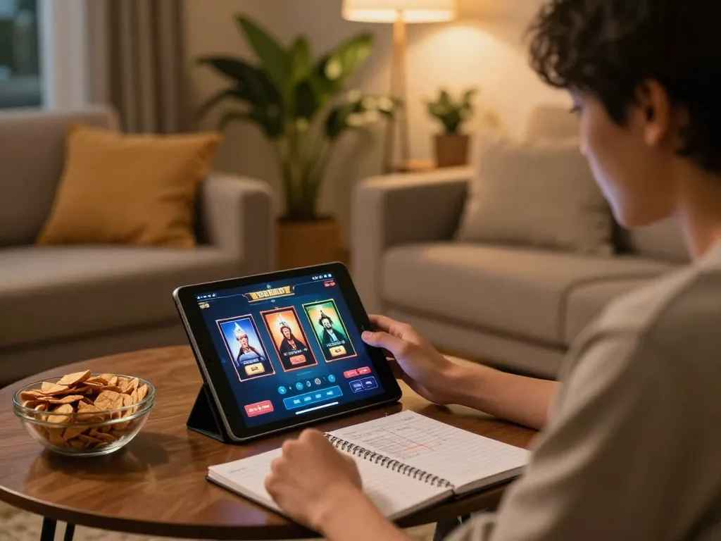Engaging in slot pulsa games on a tablet during a cozy home evening.