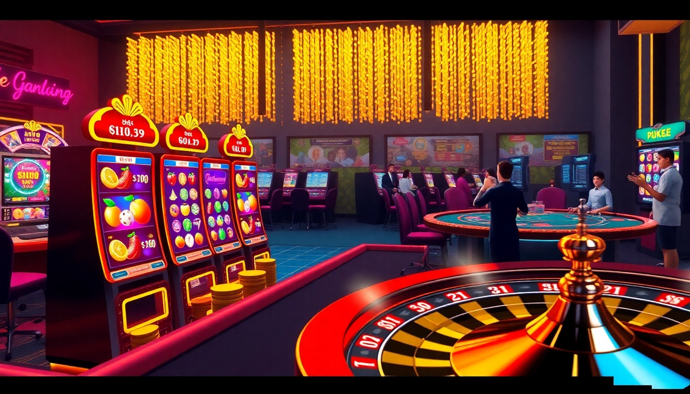 Experience the thrill of Nổ Hũ Đổi Thưởng with vibrant slot machines and engaging poker tables in a dynamic online casino atmosphere.