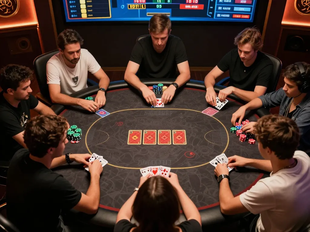 Players competing in an exciting poker game on Fokus77 online platform, showcasing cards and chips.