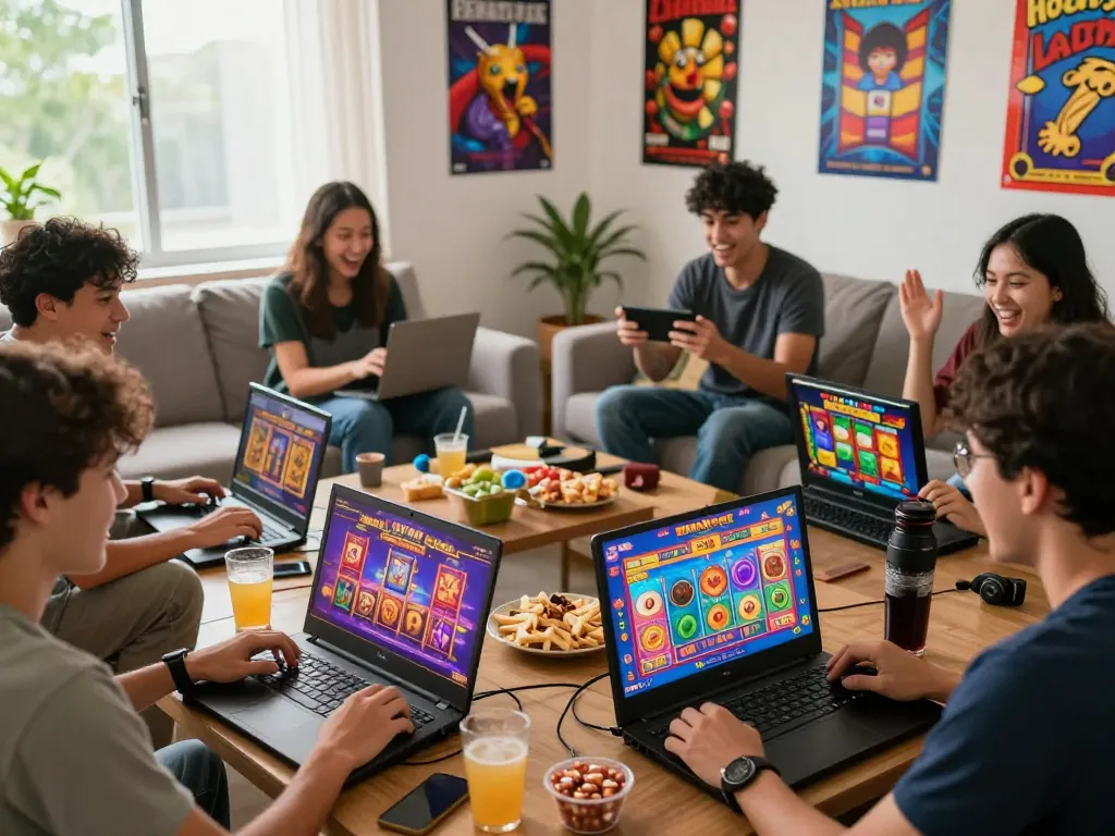 Teman-teman yang terlibat menikmati permainan situs slot di ruang tamu yang ramai.