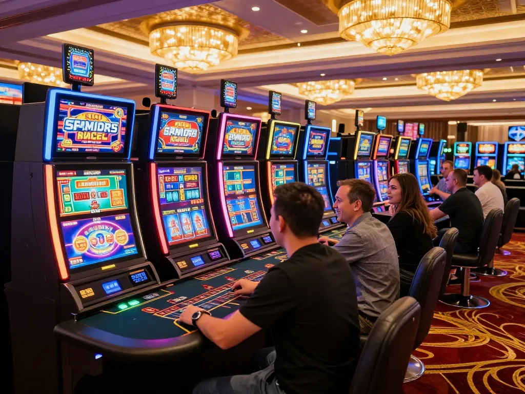 Players celebrating a win on mm88 slot machines in a vibrant casino atmosphere.