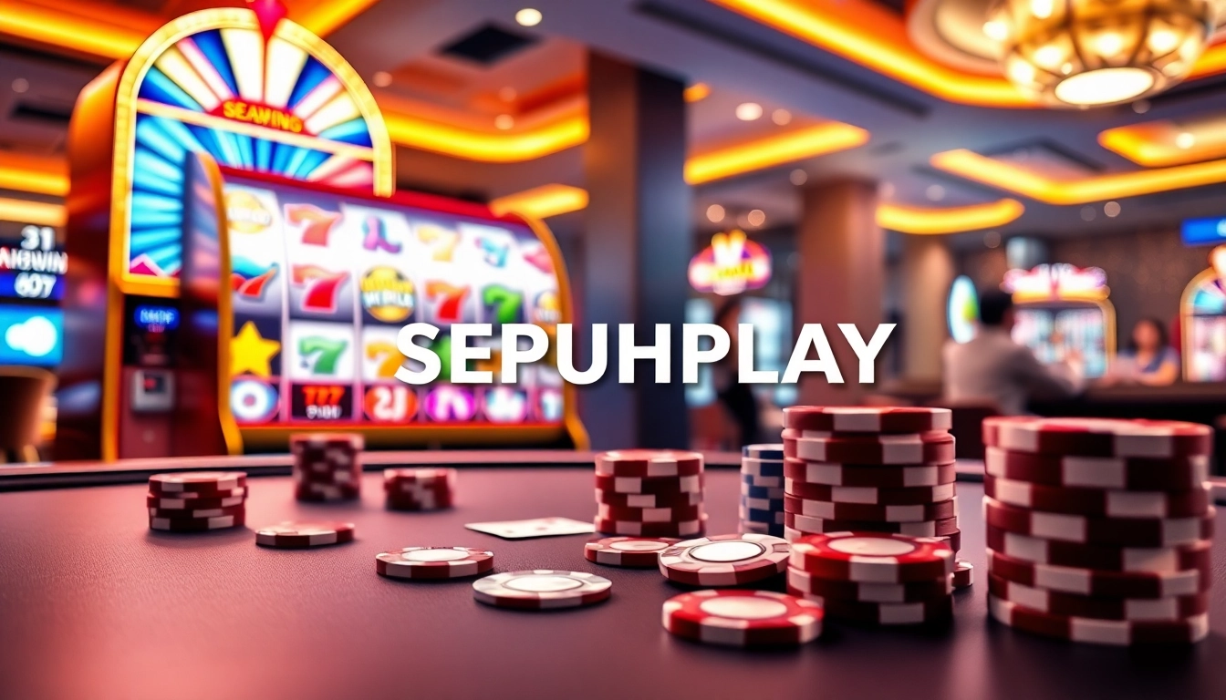Engage with SEPUHPLAY link on a modern slot machine in a vibrant casino atmosphere.