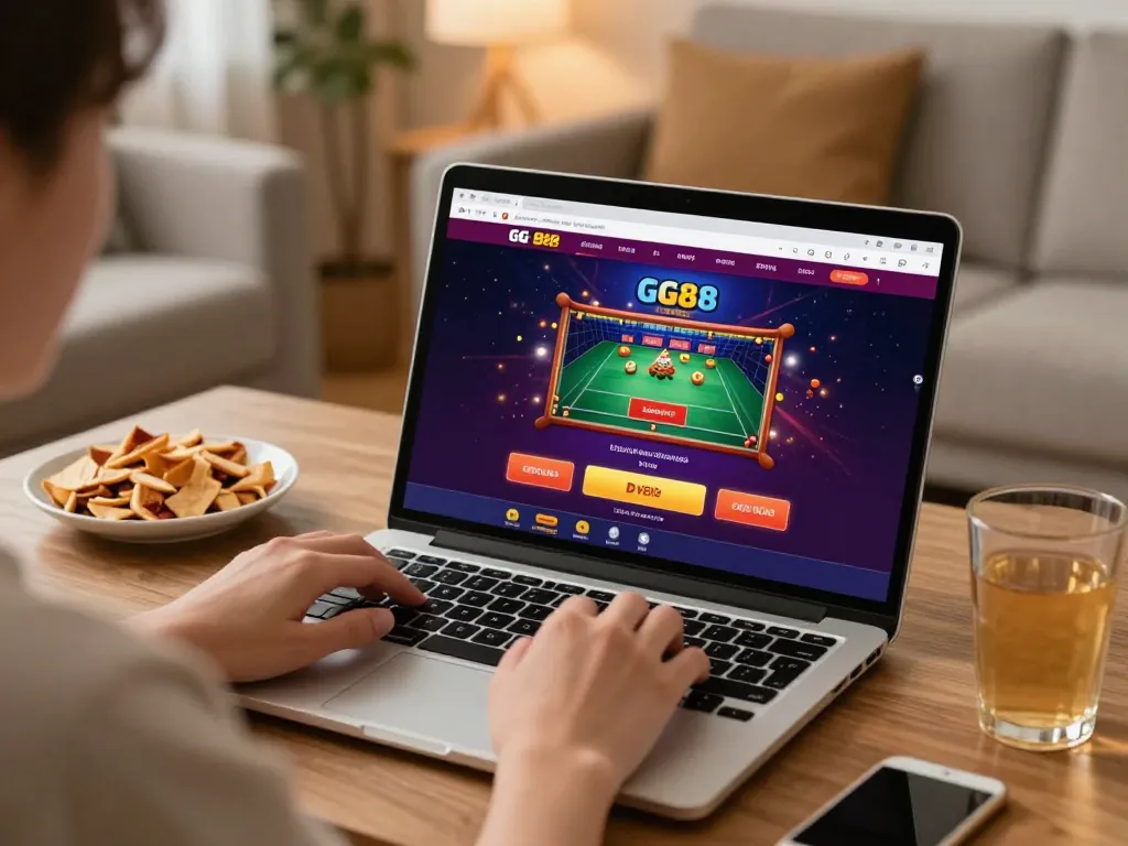 Player enjoying online casino games on GG88, surrounded by a cozy home environment with snacks and a drink.