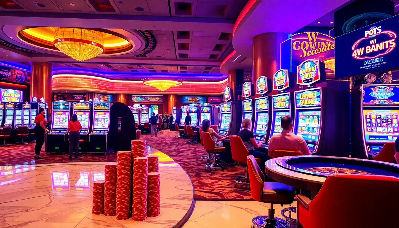 Engaging players enjoying slot machines in a vibrant casino, capturing excitement and anticipation.