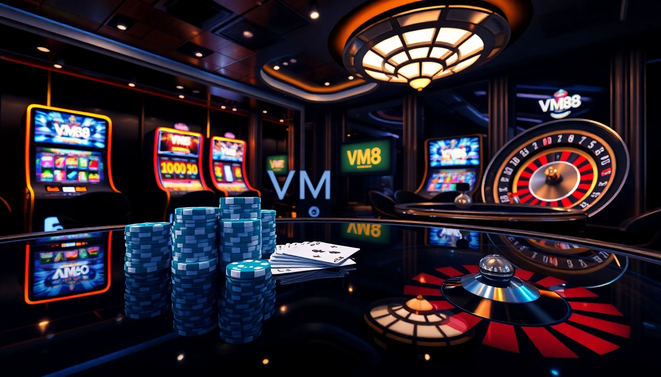 Engaging VM88 online casino interface showcasing dynamic poker chips, cards, and roulette wheel in action