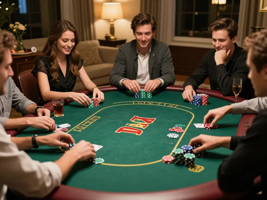 Engaging poker game at a home setting while participating in đăng ký tr88, friends enjoying competitive gameplay with colorful chips and snacks.