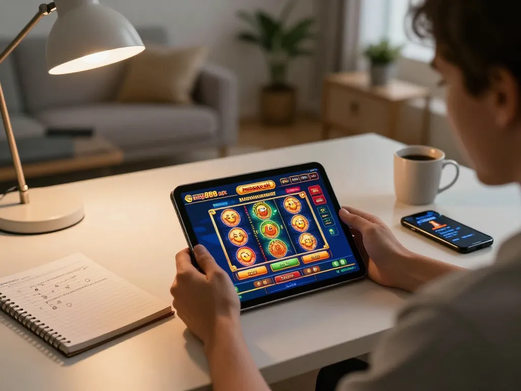 Engaging with the mega888 apk on tablet in cozy home workspace while analyzing strategic notes